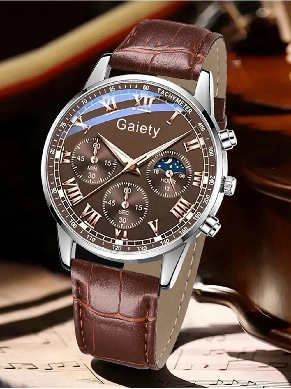 WOKAI Brown Leather Chronograph Men’s Watch with Moonphase